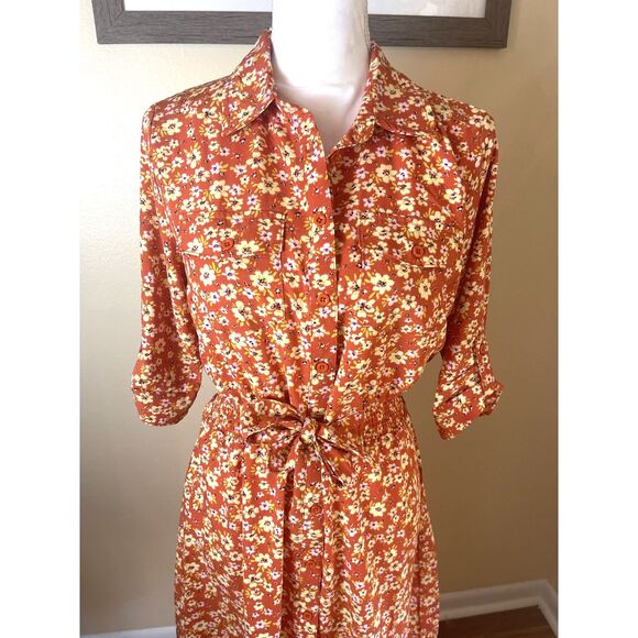 NWT Millenium Womens Mini Floral Midi Shirt Dress M Brown Retro 70s Work Casual - Picture 3 of 16